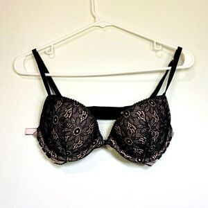 VICTORIA'S SECRET VERY SEXY PUSH UP PADDED BRA 32C/C70 BLACK BEIGE LACE